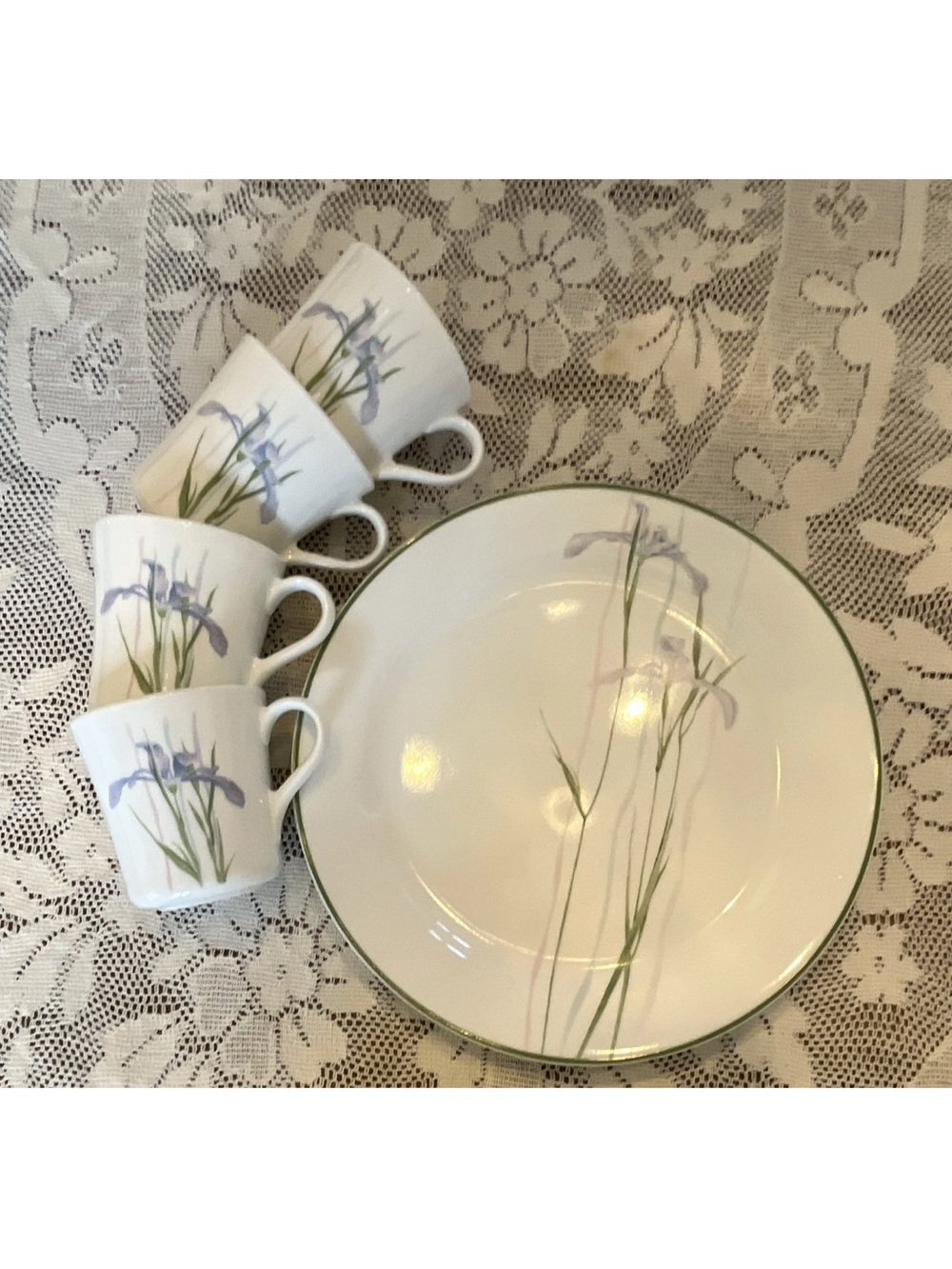 Vintage Corelle White Dinnerware Set with Purple Iris and Green Trim